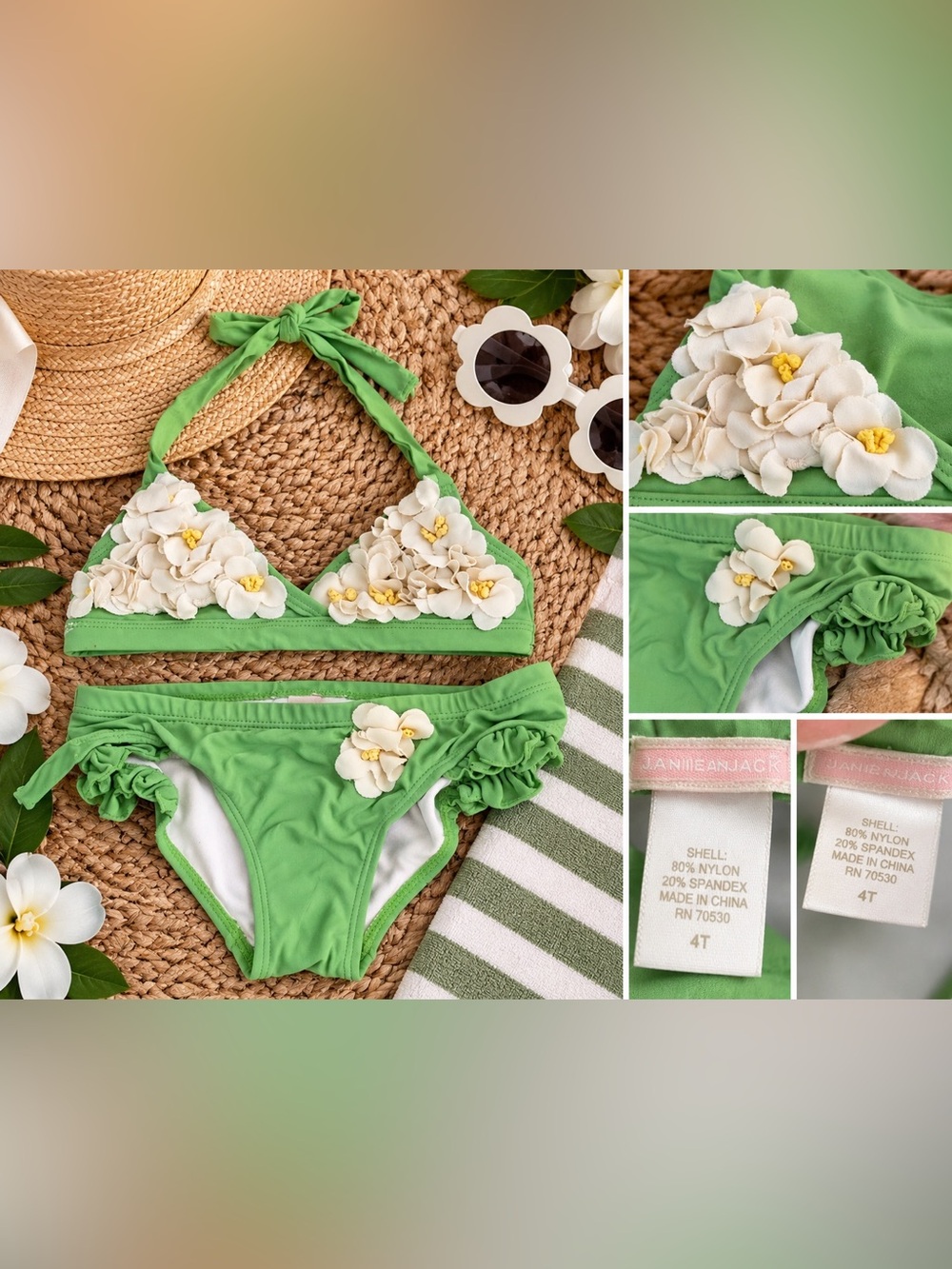 Janie and Jack Green Bikini Set with Ivory Floral Appliqués